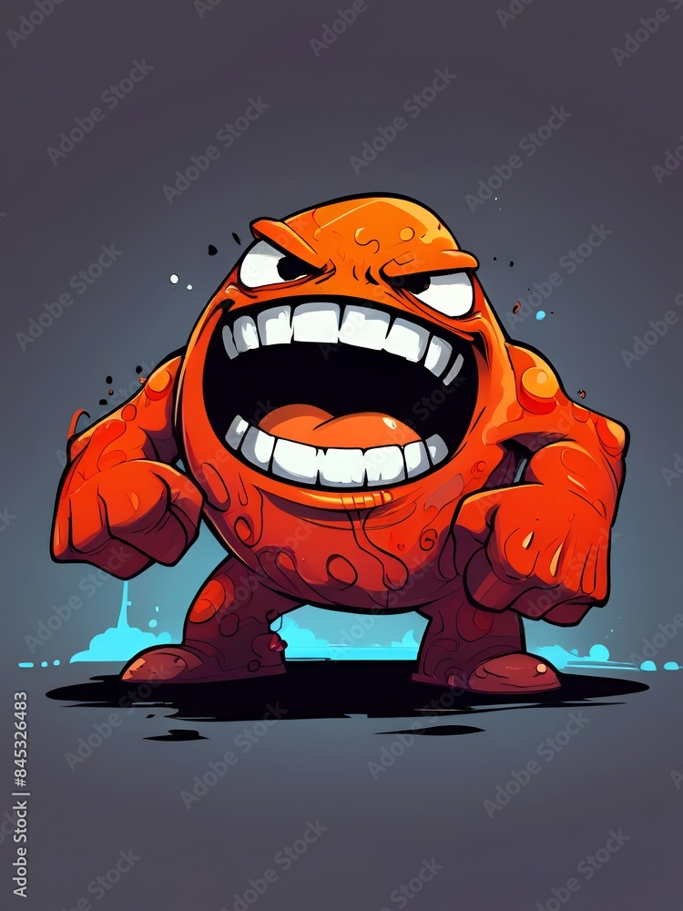 Poster a cartoonish orange monster with a mouth wide open and teeth showing