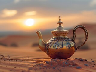 Ornate Golden Teapot Amid Desert Sunset Serenity