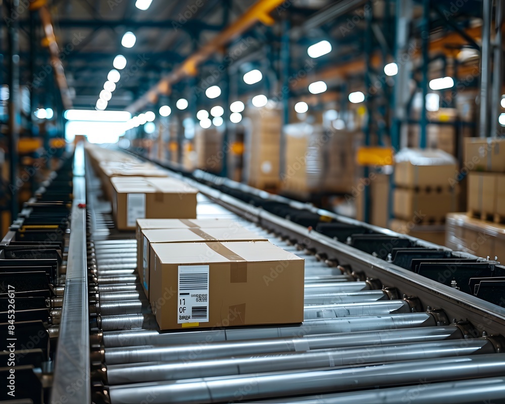 Aufkleber automated logistical backbone cardboard boxes on conveyor in distribution warehouse