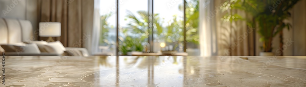 Poster smooth marble table with blurred bedroom backdrop ideal for displaying and arranging design elements