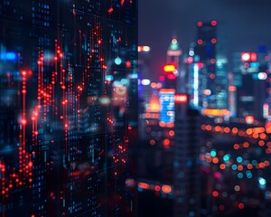 Futuristic Financial Trading Dashboard with Blurred Cityscape Backdrop Showcasing Dynamic Market Data and Insights