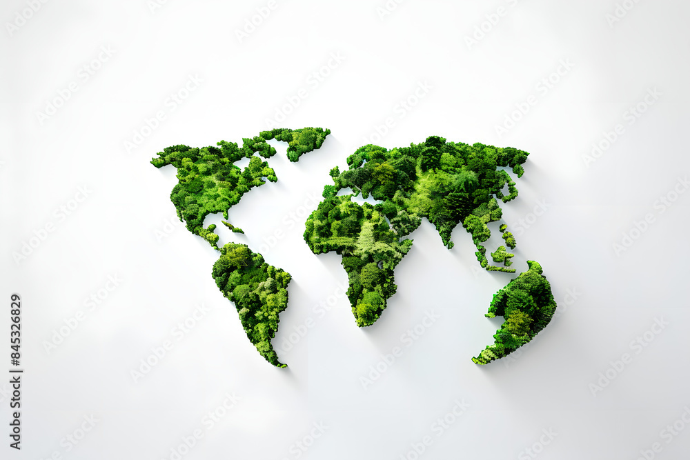 Poster green world map- 3d tree or forest shape of world map isolated on white background. world map green 
