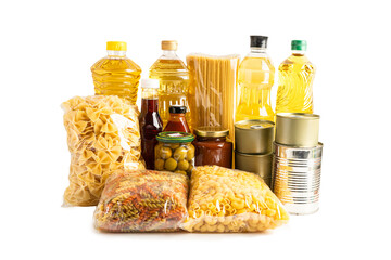 Foodstuff for donation isolated on white background with clipping path, storage and delivery....