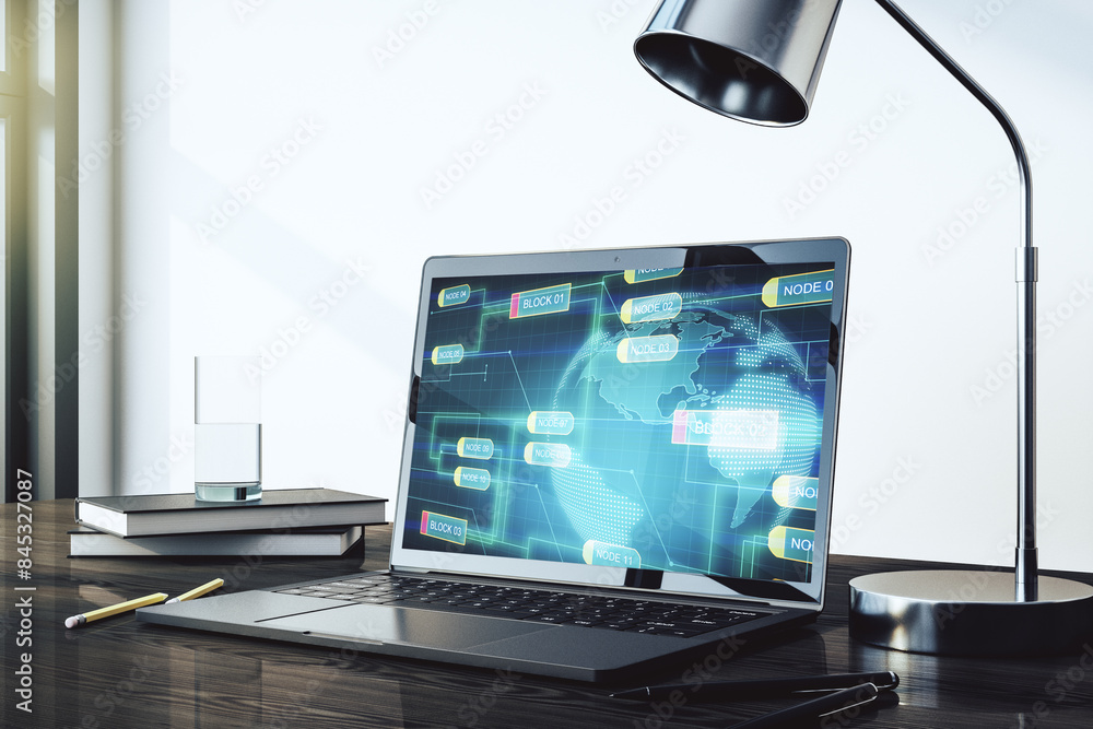 Aufkleber Modern computer monitor with abstract programming language with world map, research and development concept. 3D Rendering