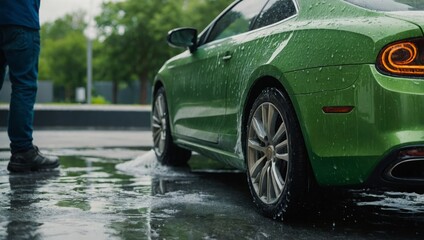 green car in the rain