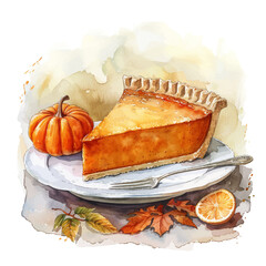 Thanksgiving pumpkin pie watercolor in vintage style. Delicious food. Hand drawing. Vector illustration seasonal greeting background.