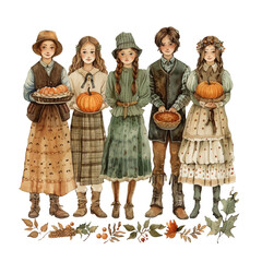 Family thanksgiving composition with autumn suburban outdoor landscape and happy family with pumpkins vector illustration