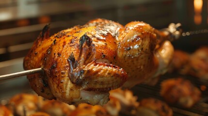 Close-up of a rotisserie chicken, roasting to perfection over an open flame, golden skin and mouth-watering juices, smoky aroma