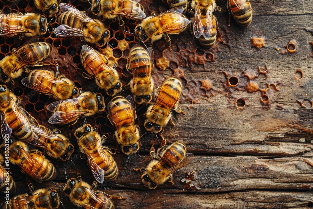 Poster bees busily work on honeycomb within a beehive frame, hinting at beekeeping practices
