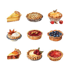 Collection of pumpkin spice seasonal flavored products, food and drinks isolated on white background. Bundle of autumn delicious sweet desserts or pastry.