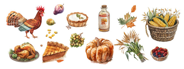 Different food for Thanksgiving dinner vector illustrations set. Top view of plates with different meals, baked turkey, pies, corn isolated on white background.