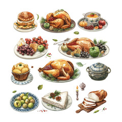 Different food for Thanksgiving dinner vector illustrations set. Top view of plates with different meals, baked turkey, pies, corn isolated on white background.
