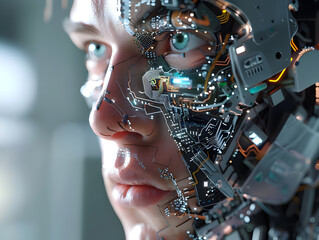 A cybernetic human with semiconductor circuits visible under the skin controlled by advanced AI