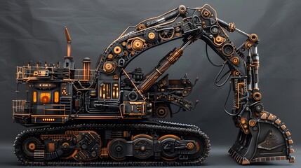 steampunk-style excavator with gears, pipes, and steam effects.