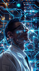 A hyper-realistic portrait of an AI scientist with a background of glowing semiconductor diagrams
