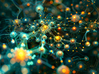 An artistic representation of an AI network with semiconductor pathways connecting various nodes