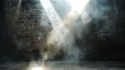 Dark room with spotlight smoke on floor old brick studio for photography
