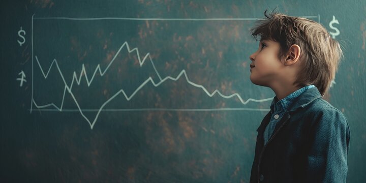 A child in formal attire standing in front of a chalkboard with a financial graph, representing early education in economics and the future financial generation.