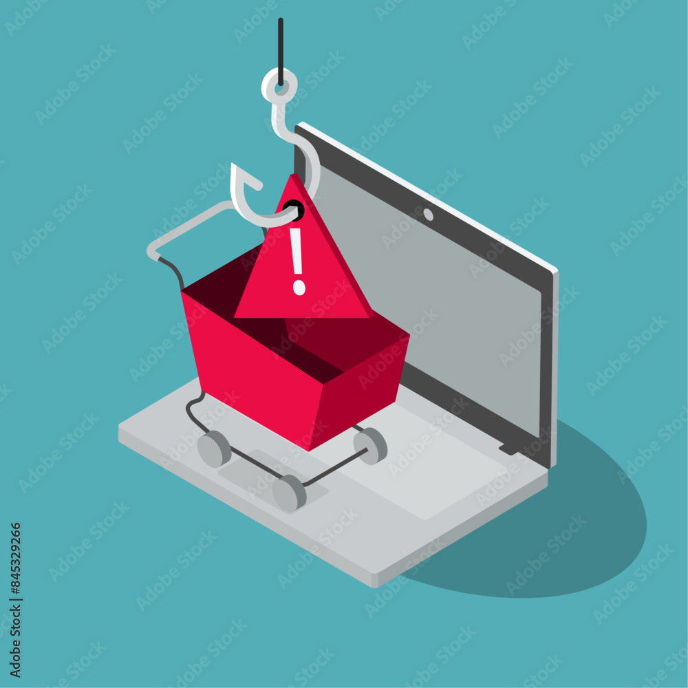 Poster online shopping fraud symbol with a laptop computer and a fake shopping cart. flat design, easy to u