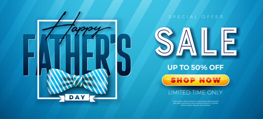 Father's Day Sale Promotional Business Illustration with Bow Tie and Typography Letter on Blue Background. Vector Special Holiday Offer Illustration for Best Dad. Template for Coupon, Voucher, Banner