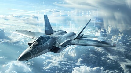 Naklejka premium fighter jet soaring gracefully above the clouds showcasing the pinnacle of aviation technology and the spirit of exploration