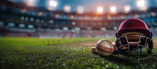 Cricket gear, including red helmet and ball, rest on the grass under stadium lights, setting the stage for an exciting night match.