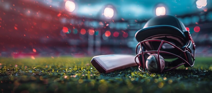 Cricket ball and helmet on the grass under flashlights of the outdoor stadium. Upcoming match. Banner