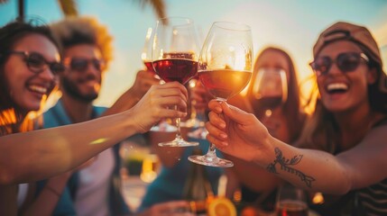 Happy group of friends having fun together at the dining table with wine and food in the restaurant or bar
