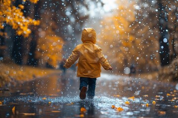 Rear view of a child in a yellow raincoat running on wet autumn road with leaves