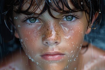 Intense close-up of a boy's face with crystal clear water droplets, capturing a moment of pure emotion