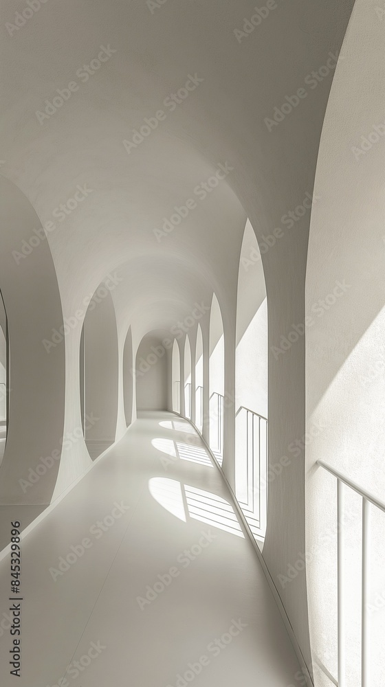 Poster vertical image of the corridor features arched ceilings and a polished stone floor that reflects lig