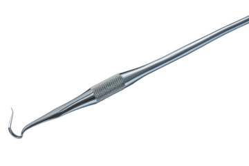 A close-up of a dental instrument with a curved hook at one end. The instrument is made of metal and has a polished finish, isolated on a white background, transparent background.