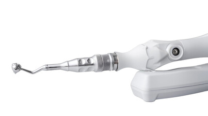 A close-up of a white dental instrument, isolated on a white background, transparent background. The instrument has a long, thin handle and a small, rounded tip.