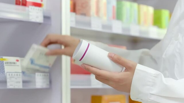 Close up inventory pills and medical doctor with pharmaceutical drugs, medication or supplements for healthcare, pharmacist and tablet for medicine, stock check and reading in pharmacy store.