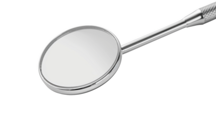 Close-up of a dental mirror with a reflective surface. The mirror is held by a silver handle, isolated on a white background, transparent background.