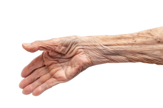 Close-up of an elderly hand reaching out, showing wrinkles and age spots, isolated on a white background, transparent background.