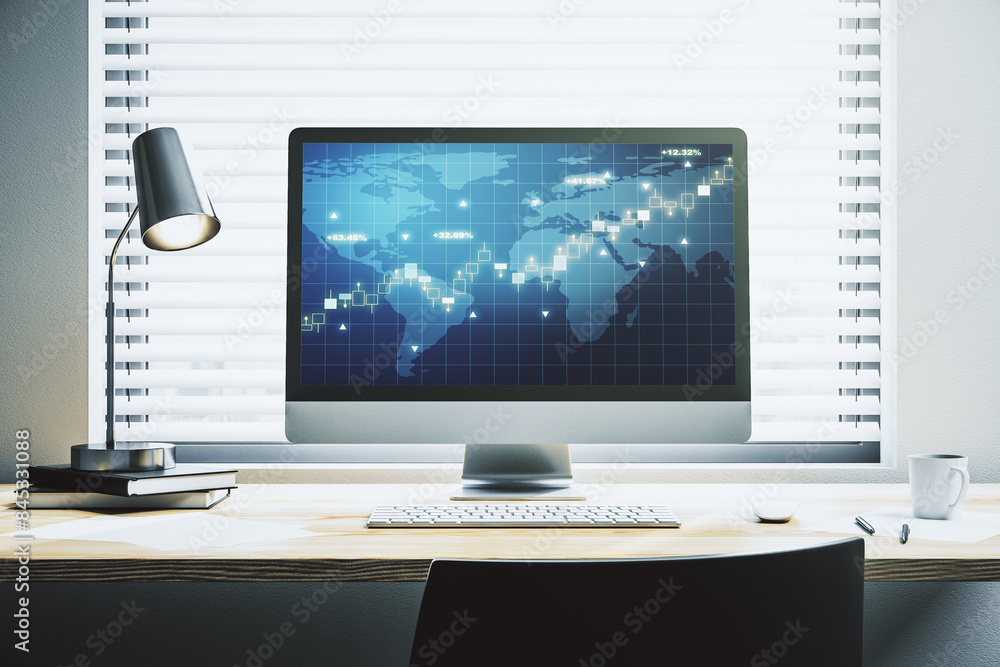 Poster abstract creative financial graph with world map on modern laptop screen, forex and investment conce