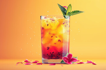 Iced fruit tea with splashes and flower petals against a vibrant orange background, great for summer drink promotions.