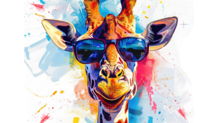 Colorful giraffe with glasses on a transparent background