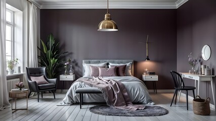 A purple bedroom with a bed and a purple bed with purple pillows