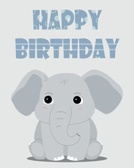 Children's cute greeting card with elephant. Happy Birthday vertical vector illustration with cute baby animal. 