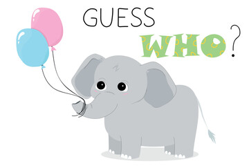 Childrens cute invitation to Baby Shower. Guess who? Elephant calf with balloons horizontal vector illustration