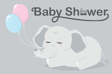 Baby shower cute invitation. Boy or girl. Horizontal vector illustration with baby elephant and balloons.