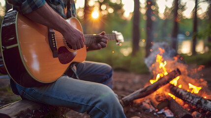 A man strums a guitar next to a crackling campfire, surrounded by nature on a hill.