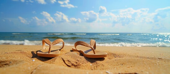 Fototapeta premium Flipflops on a sandy beach during summer vacation