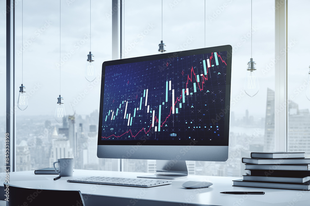 Poster abstract creative financial diagram on modern computer monitor, banking and accounting concept. 3d r
