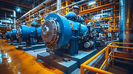 Naklejka premium Industrial interior comprising HVAC (heating, ventilation, and air conditioning) systems, including chillers, boilers, and piping lines, installed within the boiler pump room of a factory construction