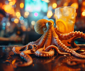 Fototapeta premium Atmospheric, dramatic, intense. Colorful octopus on the bar spilled orange drink in a nightclub. Perfect for capturing close up emotions