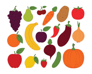 Fruits and vegetables. A large set with a cartoon-style image of vegetables and fruits. Vector illustration