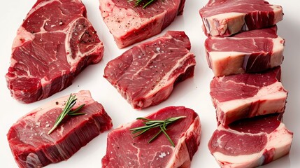 Several thin-cut steaks on a white background